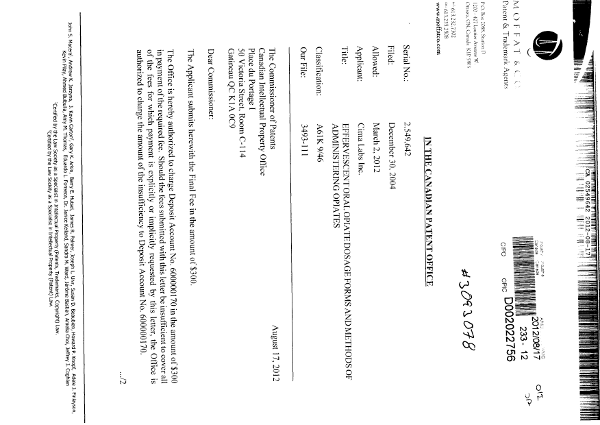 Document de brevet canadien 2549642. Correspondance 20120817. Image 1 de 2