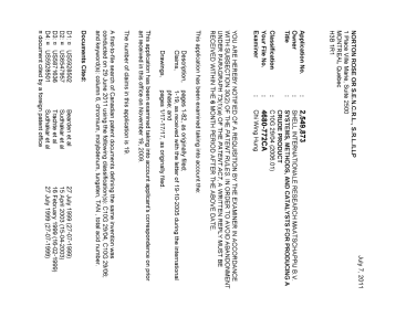 Canadian Patent Document 2549873. Prosecution-Amendment 20110707. Image 1 of 4