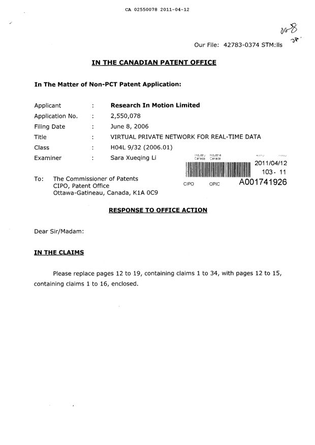Canadian Patent Document 2550078. Prosecution-Amendment 20101212. Image 1 of 6
