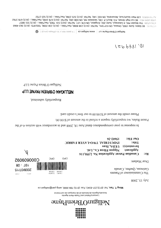 Canadian Patent Document 2550116. Correspondence 20080715. Image 1 of 1