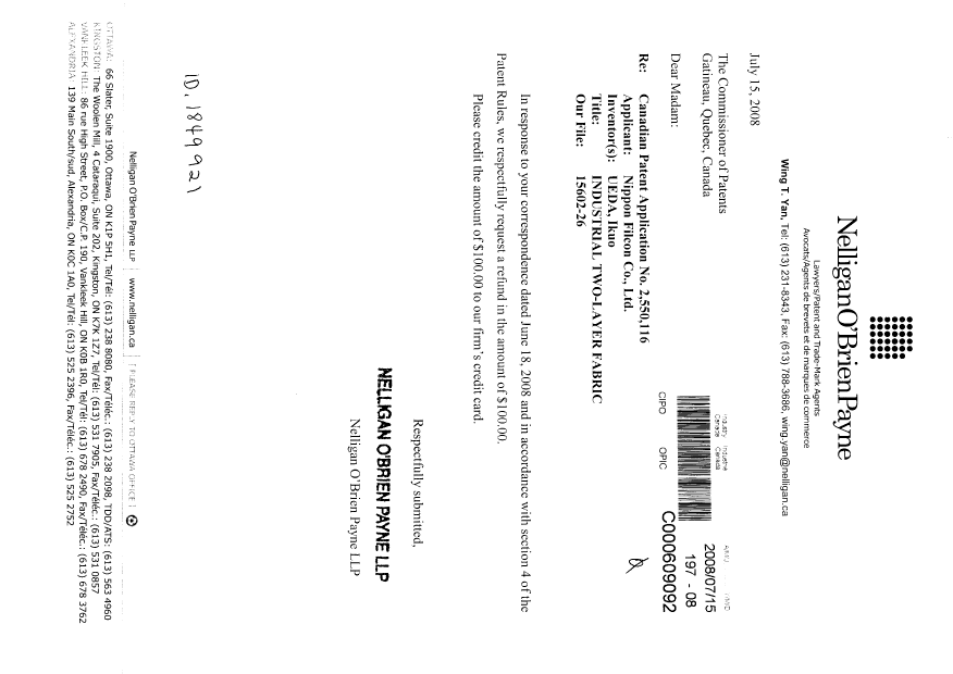 Document de brevet canadien 2550116. Correspondance 20080715. Image 1 de 1