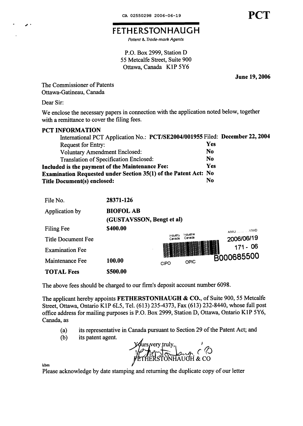 Document de brevet canadien 2550298. Cession 20060619. Image 1 de 2