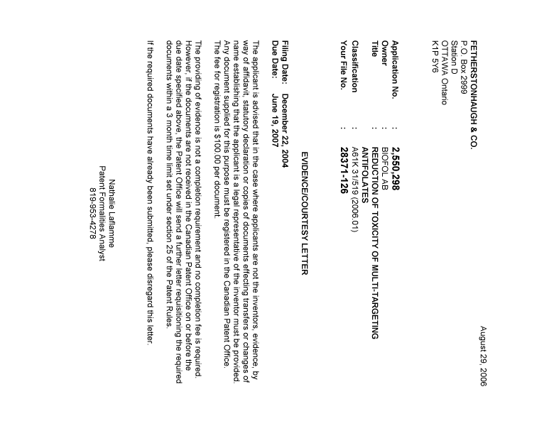 Document de brevet canadien 2550298. Correspondance 20060824. Image 1 de 1