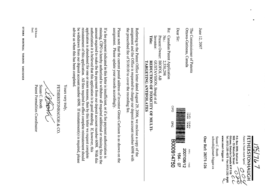 Document de brevet canadien 2550298. Cession 20070612. Image 1 de 2