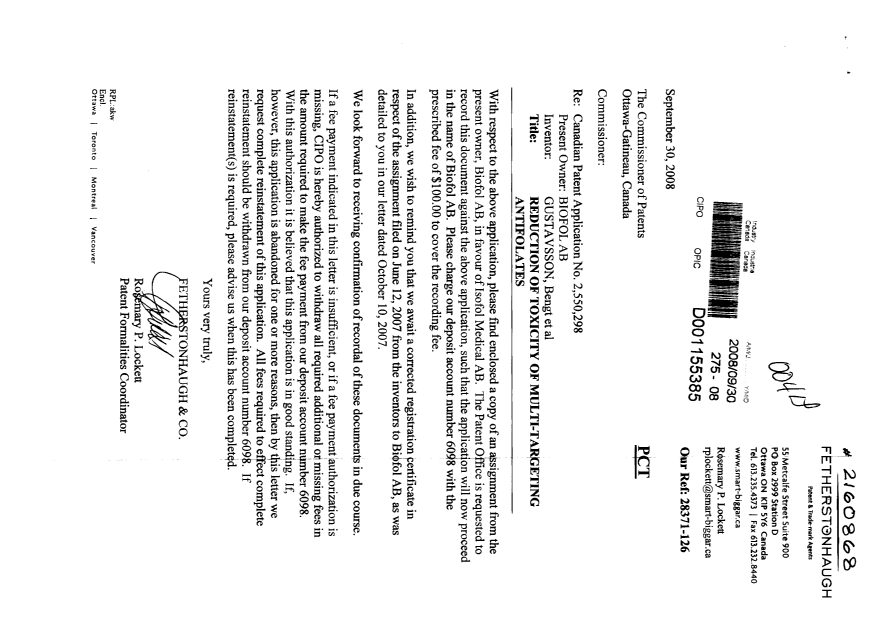 Document de brevet canadien 2550298. Cession 20080930. Image 1 de 2