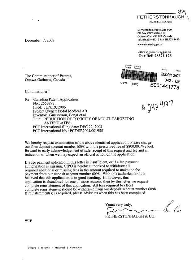 Document de brevet canadien 2550298. Poursuite-Amendment 20091207. Image 1 de 1