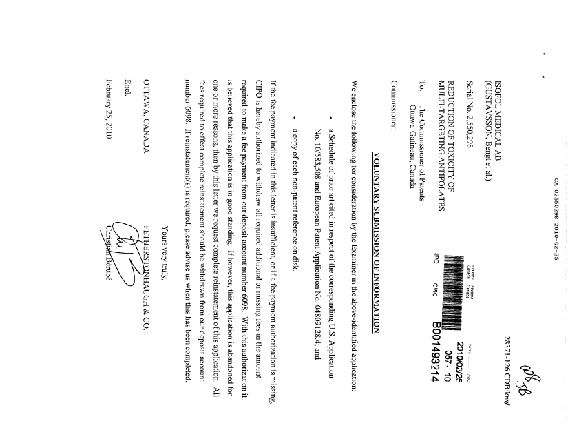 Document de brevet canadien 2550298. Correspondance de la poursuite 20100225. Image 1 de 1