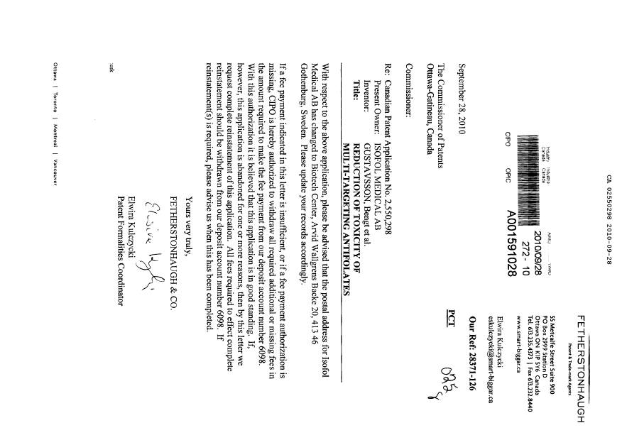 Document de brevet canadien 2550298. Cession 20100928. Image 1 de 1