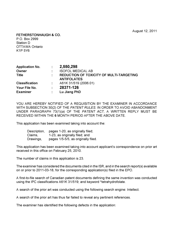 Document de brevet canadien 2550298. Poursuite-Amendment 20110812. Image 1 de 2