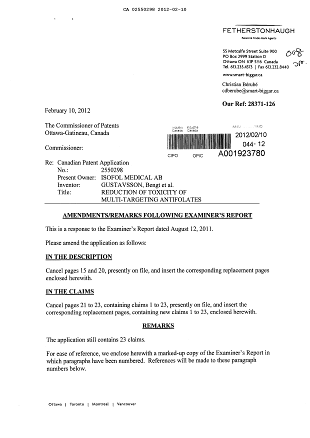 Canadian Patent Document 2550298. Prosecution-Amendment 20120210. Image 1 of 10