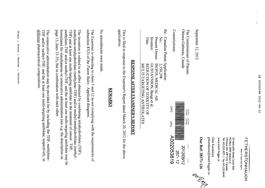 Document de brevet canadien 2550298. Poursuite-Amendment 20120912. Image 1 de 3