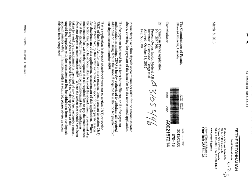 Document de brevet canadien 2550298. Correspondance 20130308. Image 1 de 2