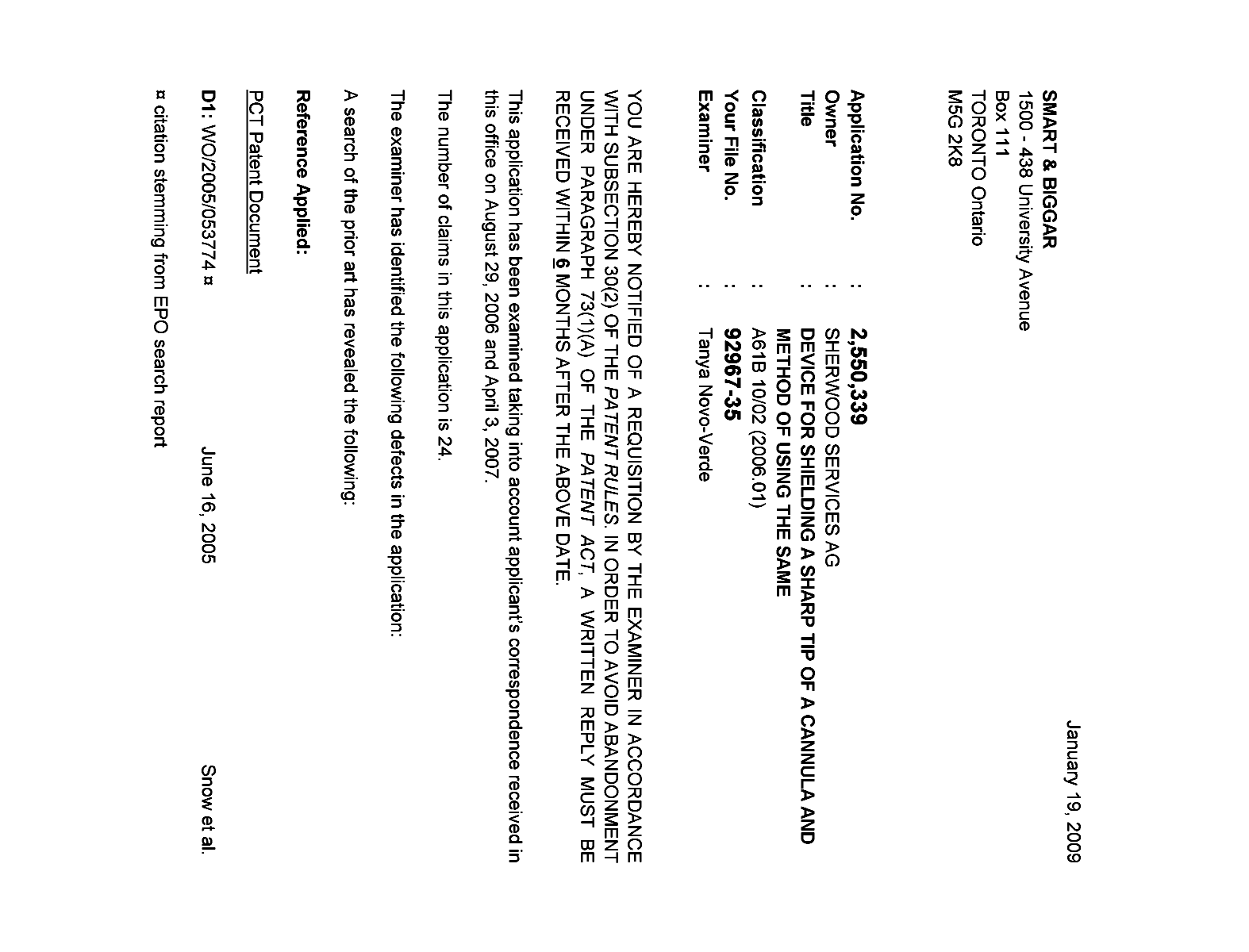 Canadian Patent Document 2550339. Prosecution-Amendment 20090119. Image 1 of 4