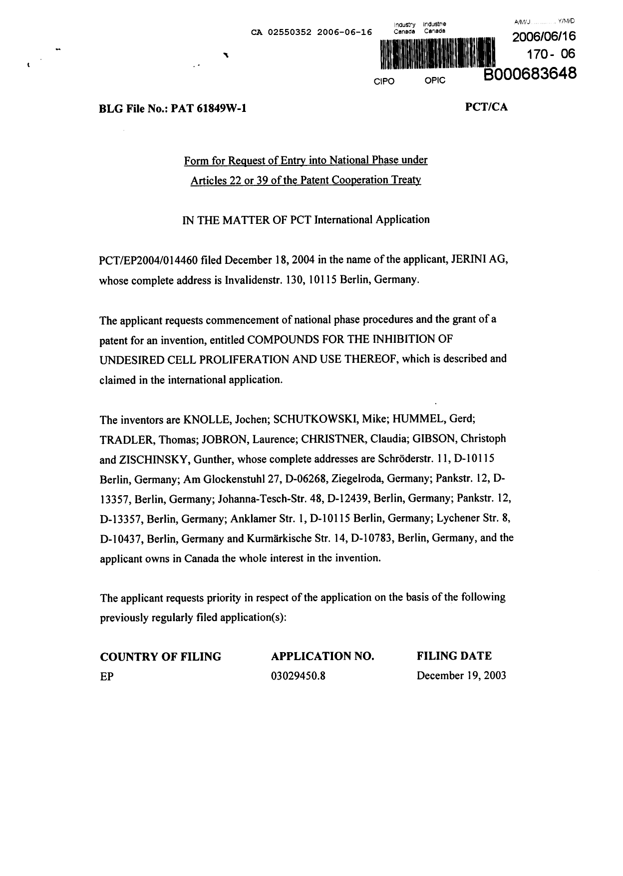 Document de brevet canadien 2550352. Cession 20051216. Image 2 de 3