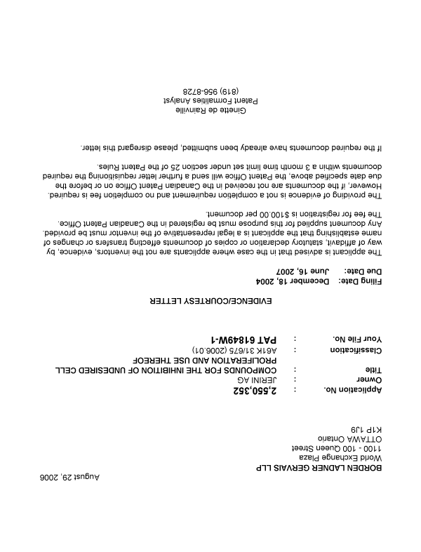 Document de brevet canadien 2550352. Correspondance 20051224. Image 1 de 1
