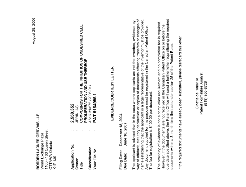 Canadian Patent Document 2550352. Correspondence 20051224. Image 1 of 1
