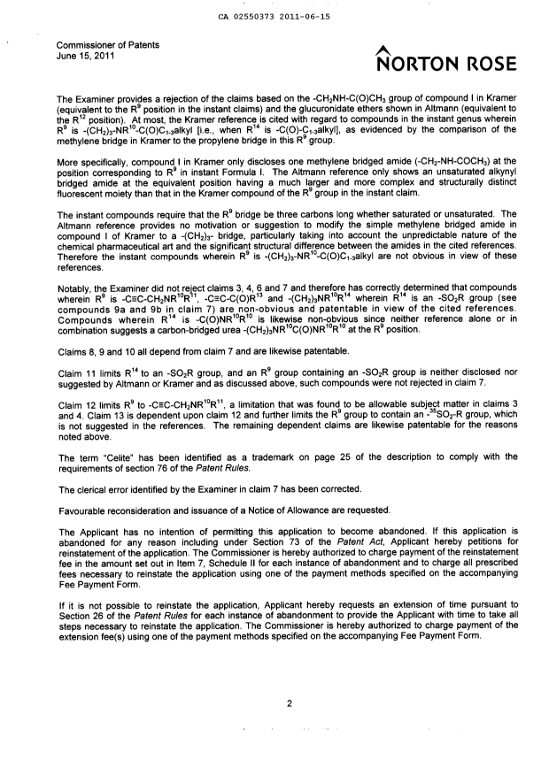 Canadian Patent Document 2550373. Prosecution-Amendment 20110615. Image 2 of 13