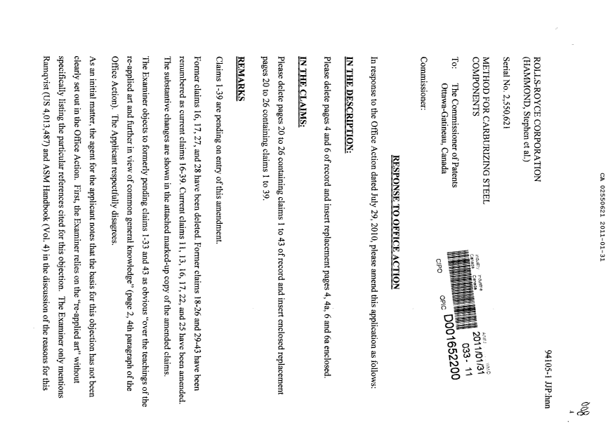 Document de brevet canadien 2550621. Poursuite-Amendment 20110131. Image 1 de 26