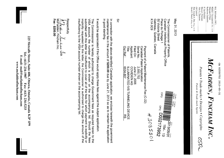 Document de brevet canadien 2550752. Taxes 20130531. Image 1 de 1