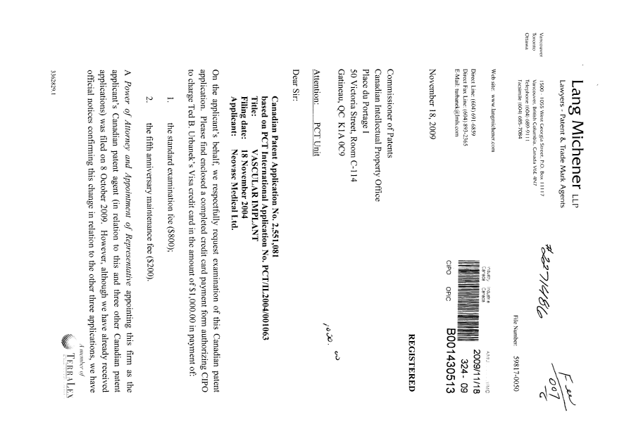 Document de brevet canadien 2551081. Poursuite-Amendment 20091118. Image 1 de 3