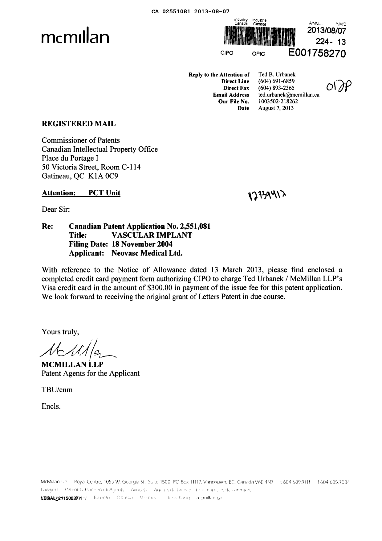 Document de brevet canadien 2551081. Correspondance 20130807. Image 1 de 1