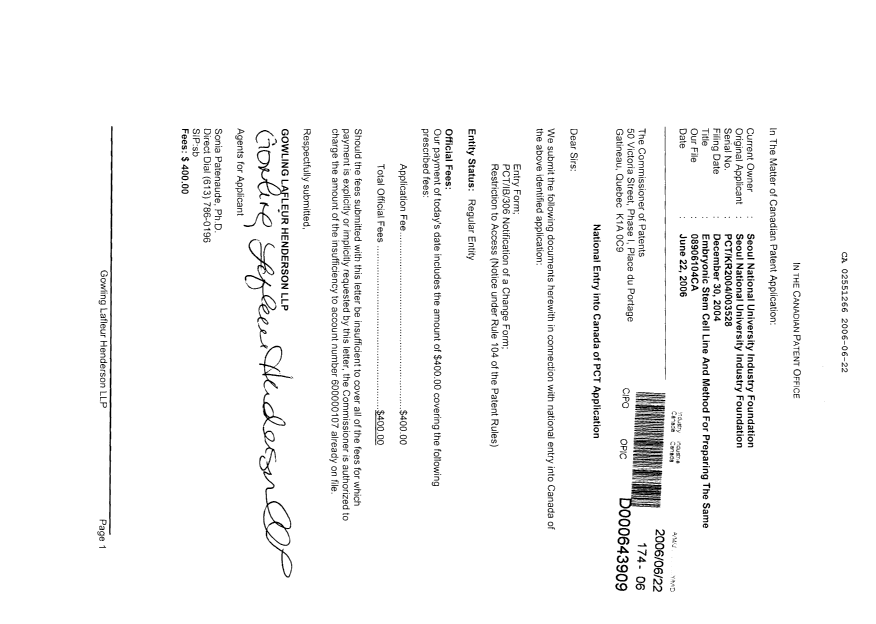 Document de brevet canadien 2551266. Cession 20051222. Image 1 de 3