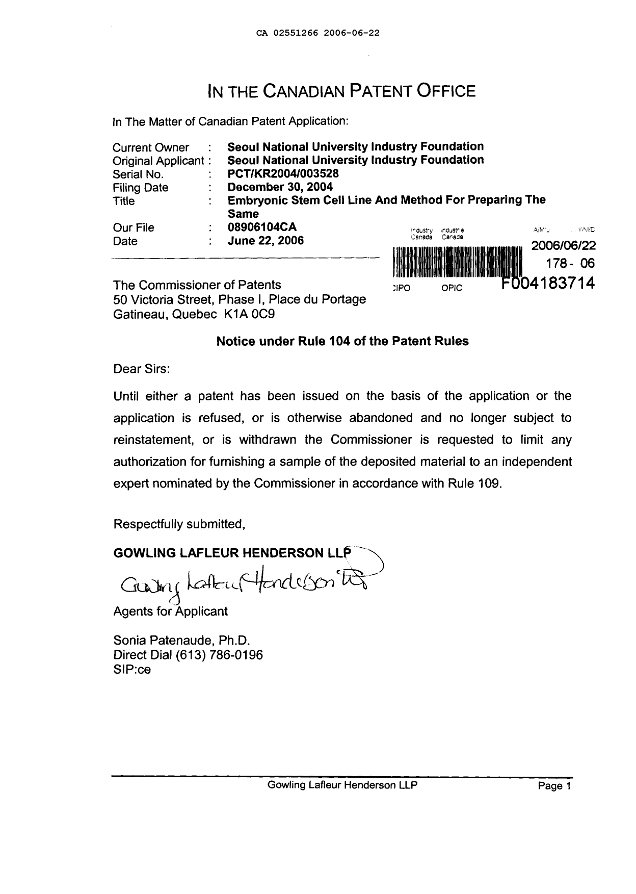 Document de brevet canadien 2551266. Poursuite-Amendment 20060622. Image 1 de 1