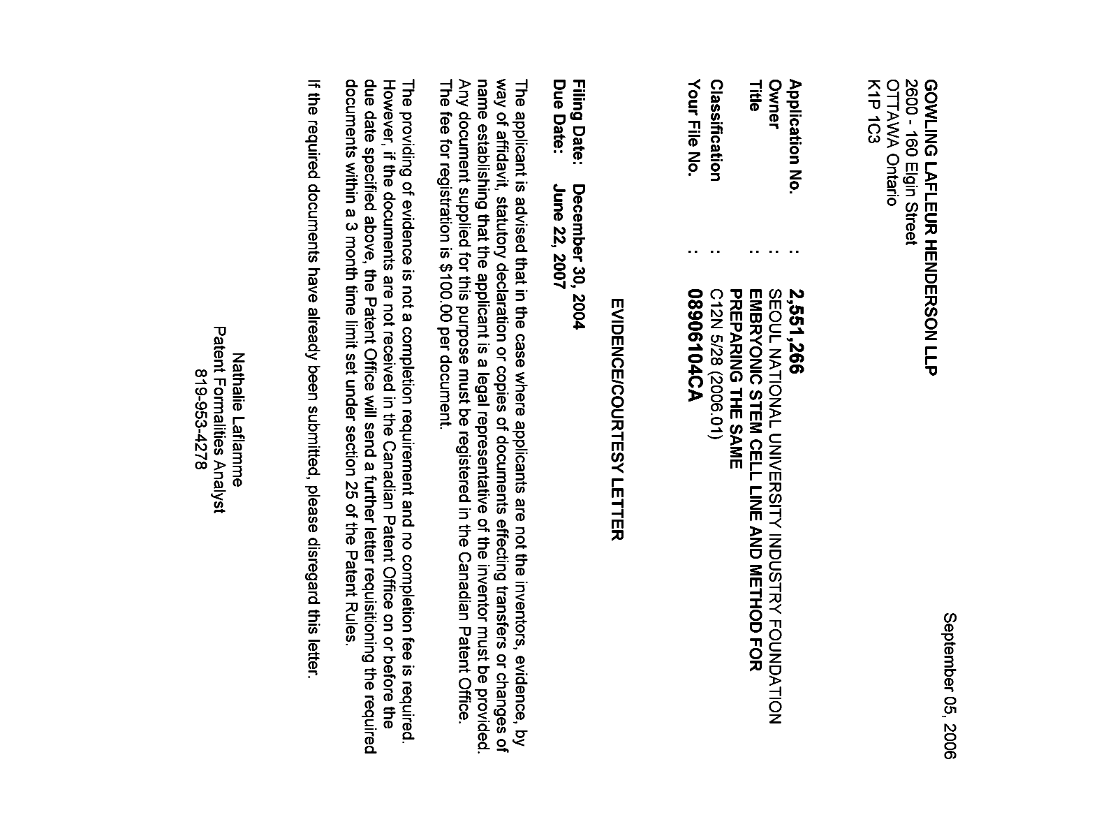 Canadian Patent Document 2551266. Correspondence 20060829. Image 1 of 1