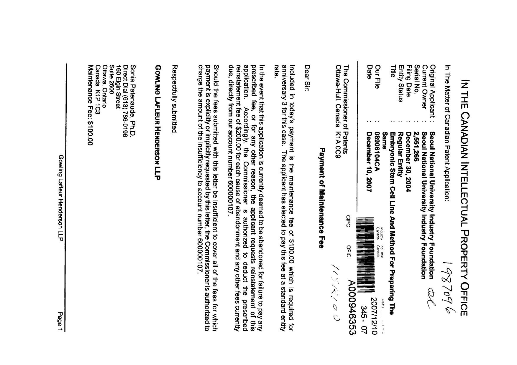 Document de brevet canadien 2551266. Taxes 20061210. Image 1 de 1