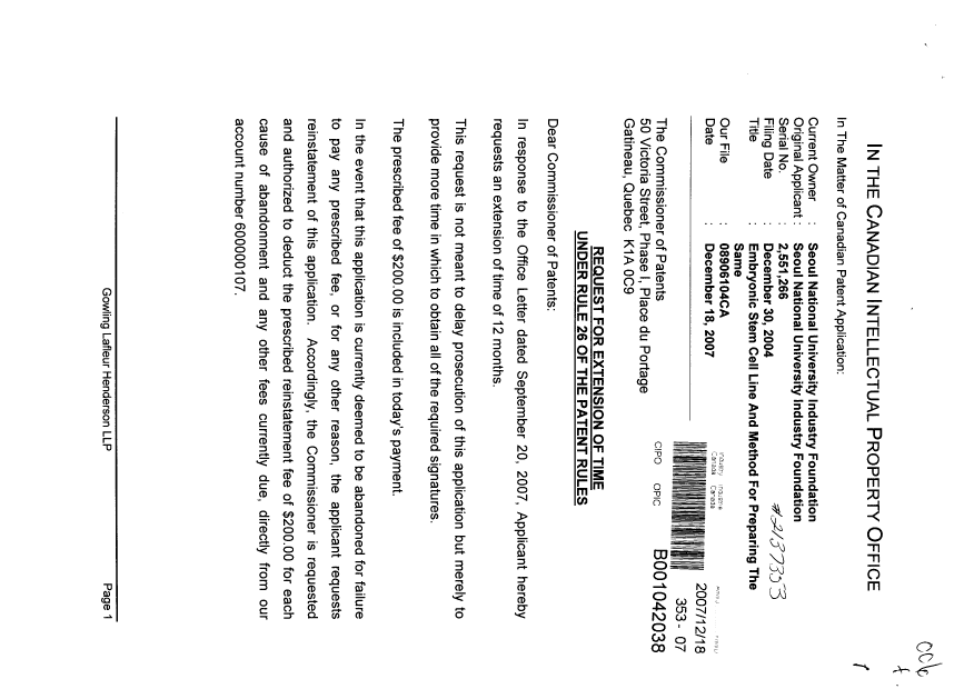 Document de brevet canadien 2551266. Correspondance 20061218. Image 1 de 2