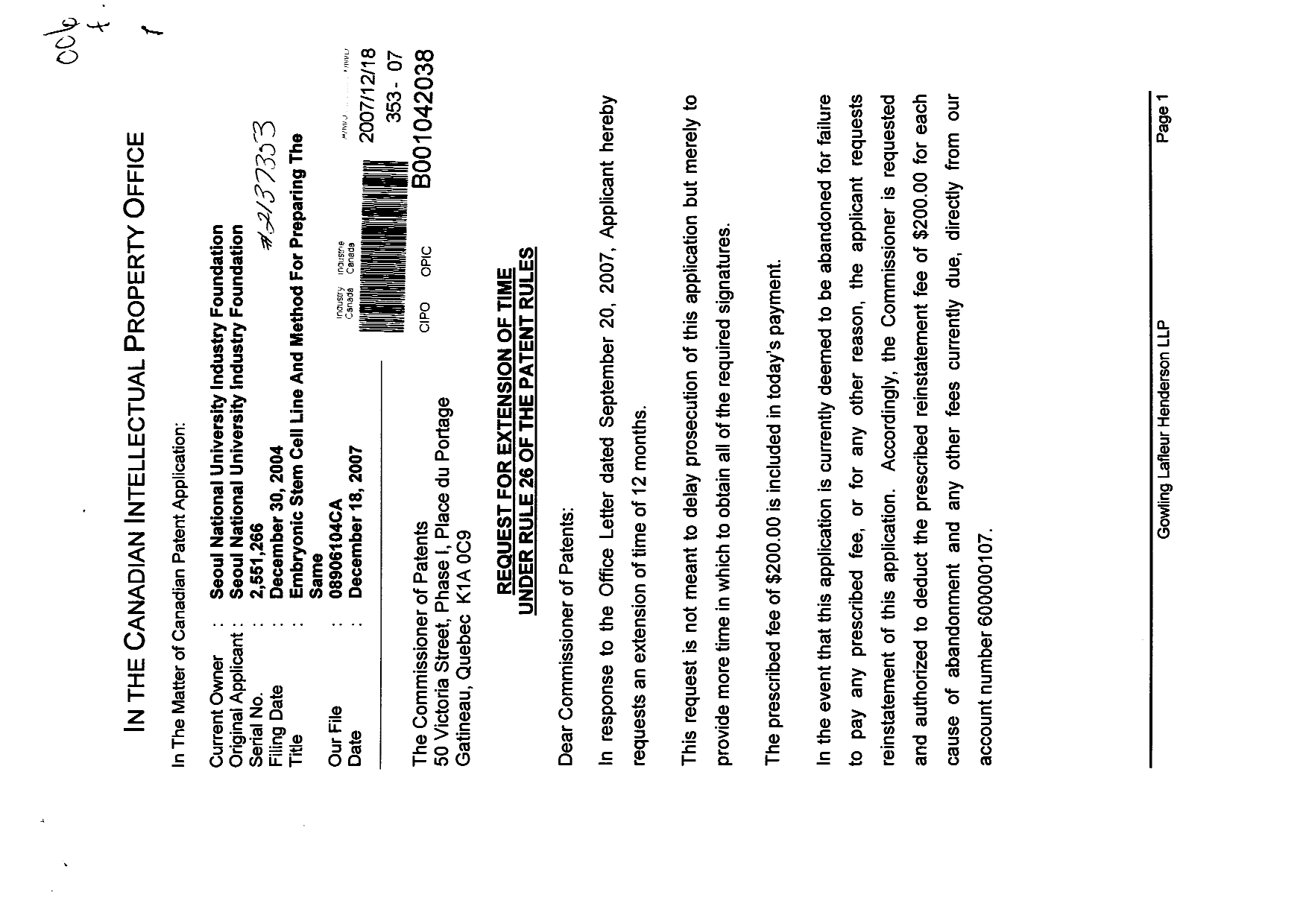 Canadian Patent Document 2551266. Correspondence 20061218. Image 1 of 2
