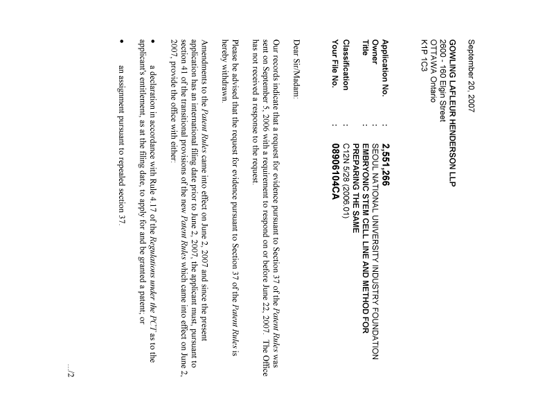 Document de brevet canadien 2551266. Correspondance 20061220. Image 1 de 2