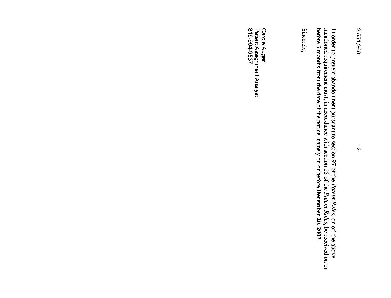 Document de brevet canadien 2551266. Correspondance 20061220. Image 2 de 2