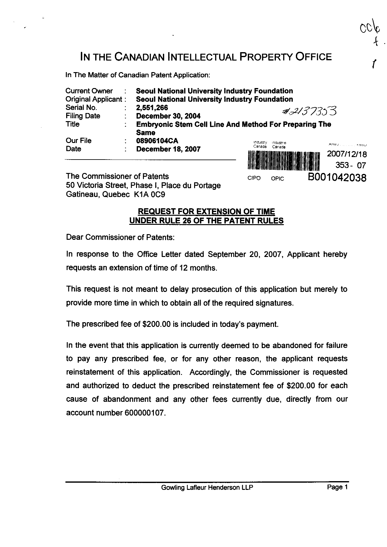 Document de brevet canadien 2551266. Correspondance 20071218. Image 1 de 2