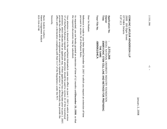 Canadian Patent Document 2551266. Correspondence 20080102. Image 1 of 1