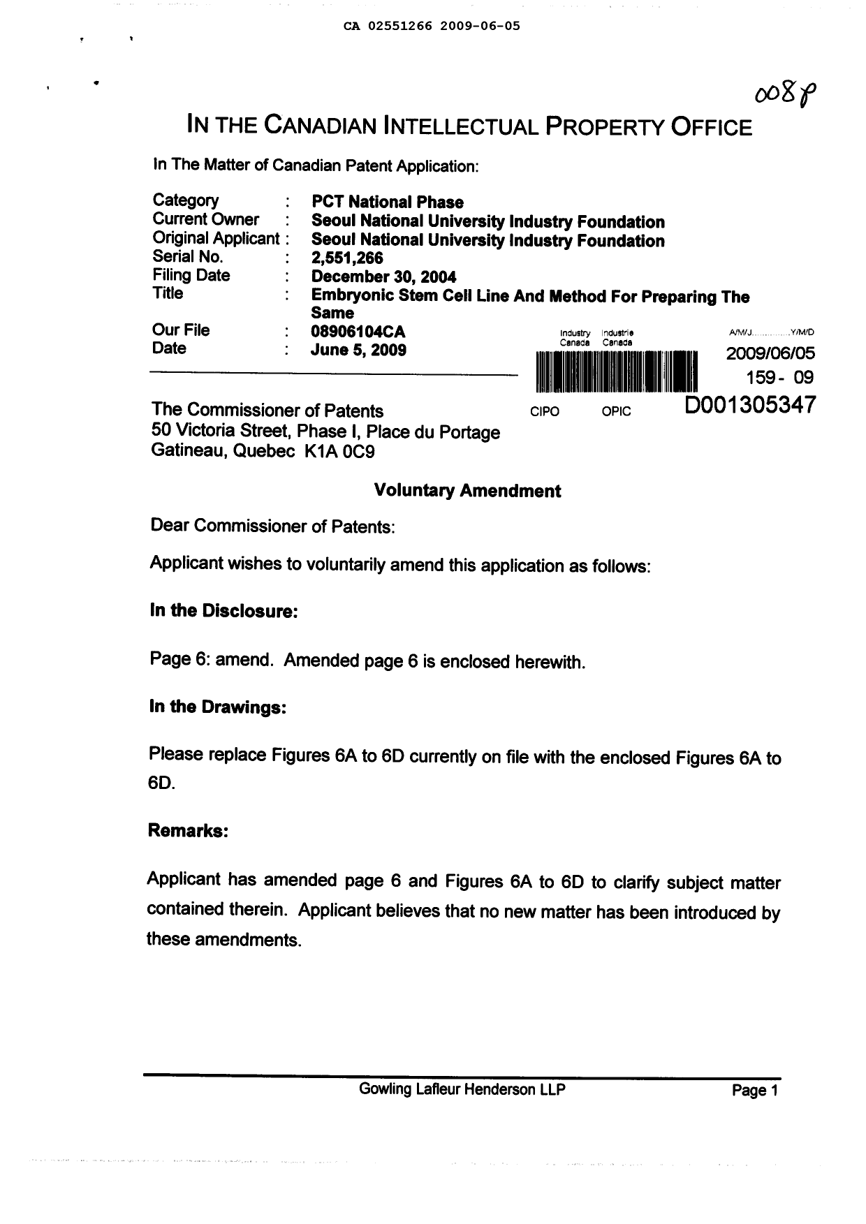 Document de brevet canadien 2551266. Poursuite-Amendment 20081205. Image 1 de 7