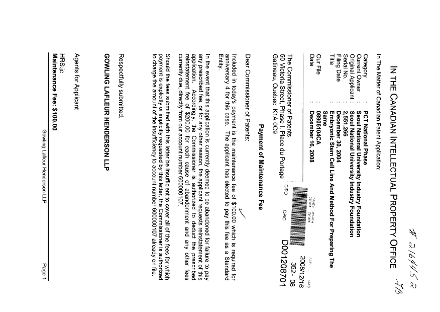 Document de brevet canadien 2551266. Taxes 20081216. Image 1 de 1