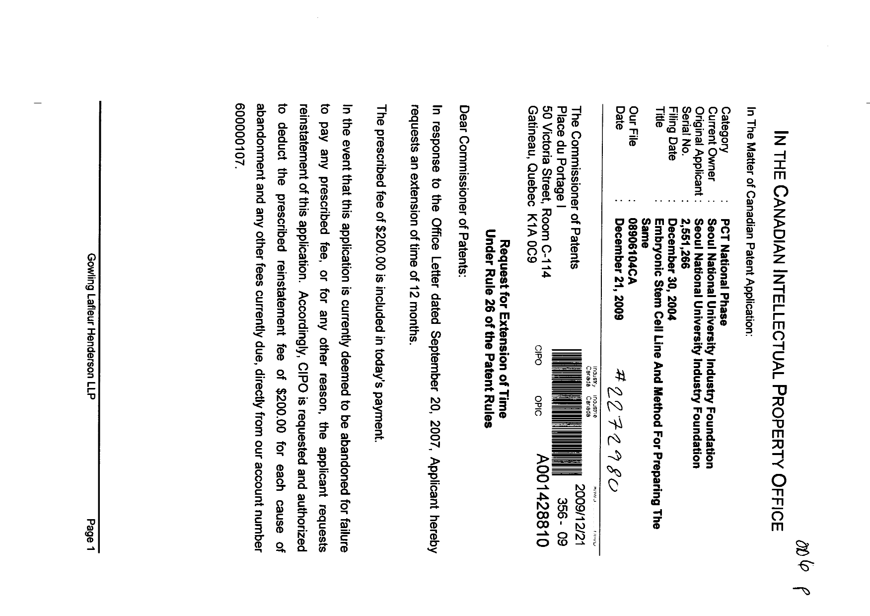 Document de brevet canadien 2551266. Correspondance 20081221. Image 1 de 2