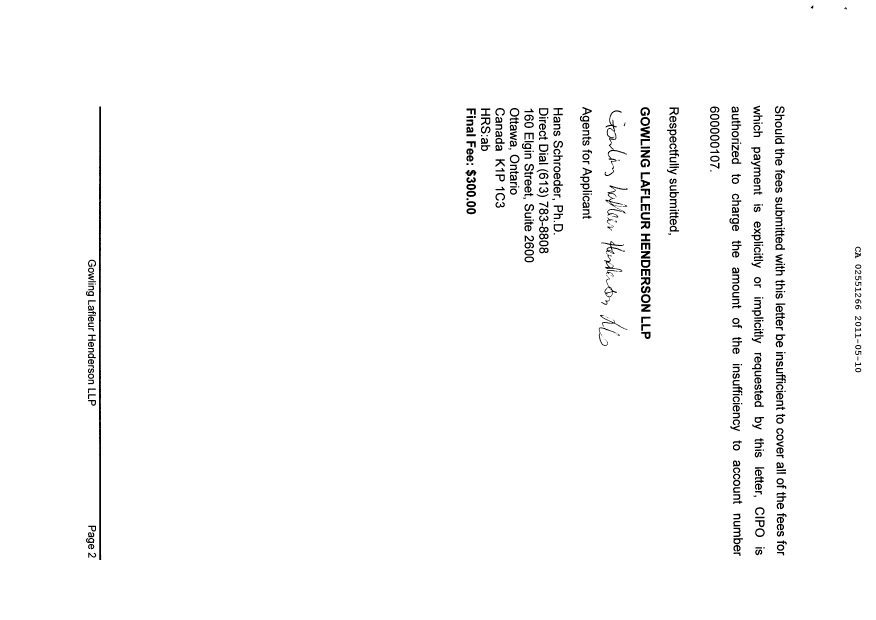 Document de brevet canadien 2551266. Correspondance 20101210. Image 2 de 2