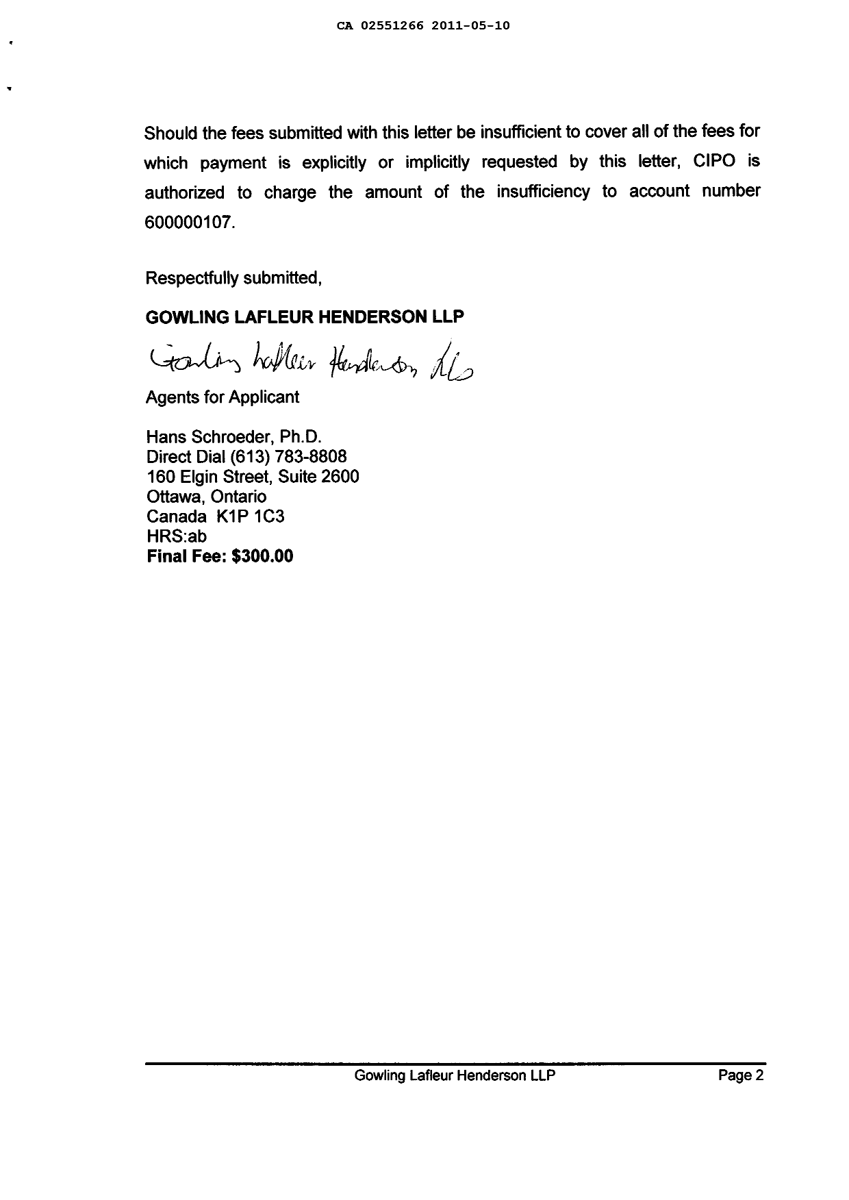 Document de brevet canadien 2551266. Correspondance 20101210. Image 2 de 2