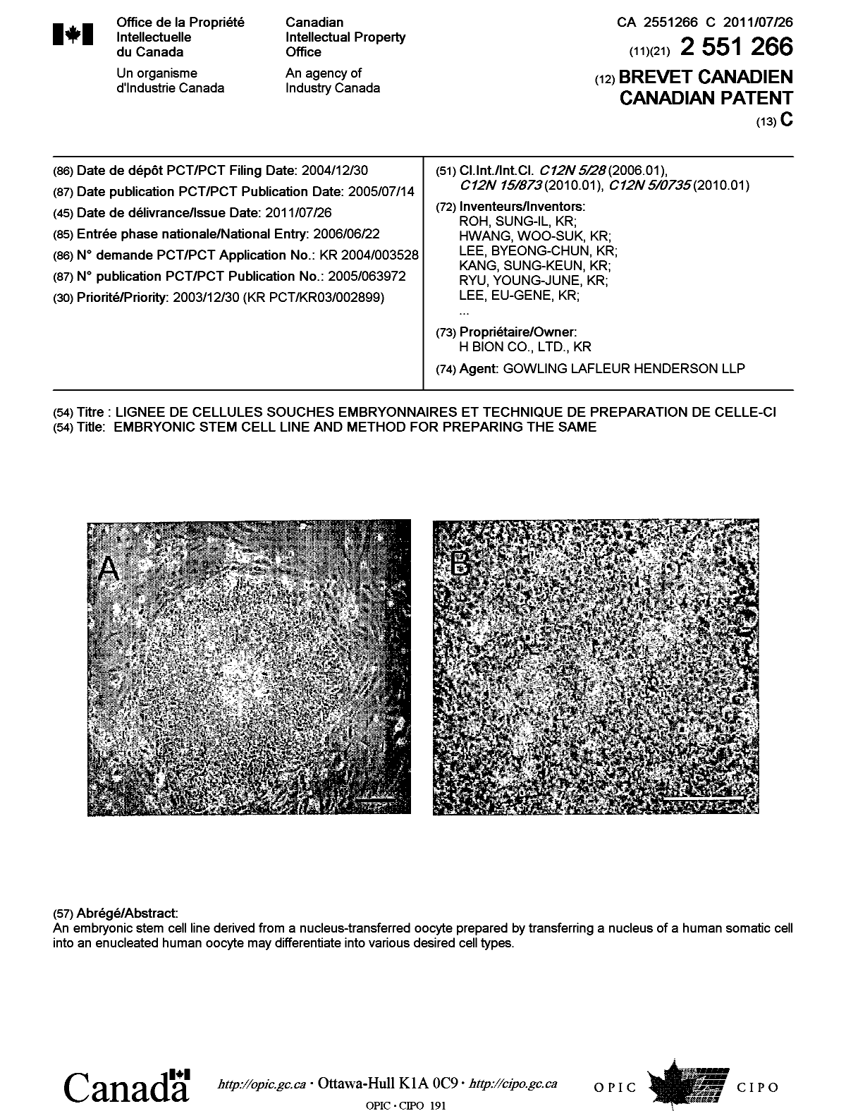 Document de brevet canadien 2551266. Page couverture 20101223. Image 1 de 2