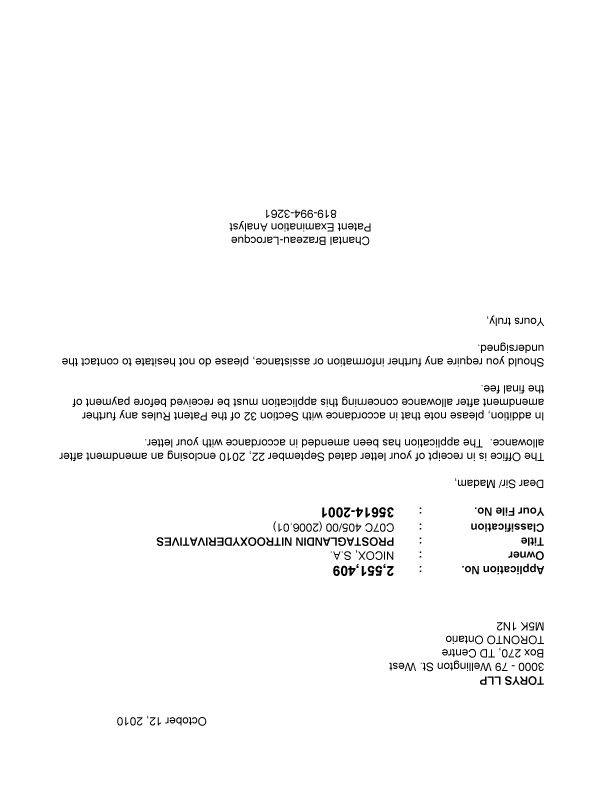 Document de brevet canadien 2551409. Poursuite-Amendment 20101012. Image 1 de 1