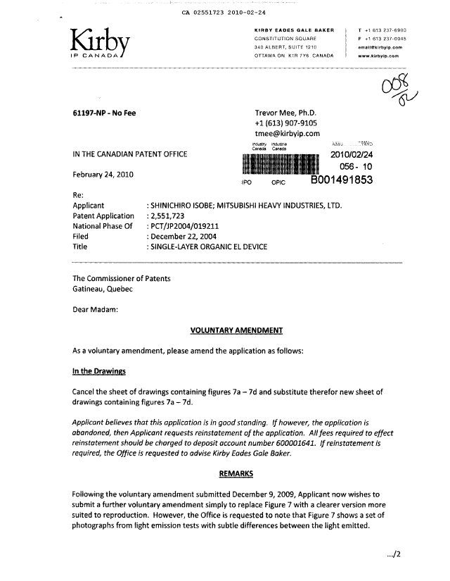 Canadian Patent Document 2551723. Prosecution Correspondence 20100224. Image 1 of 2