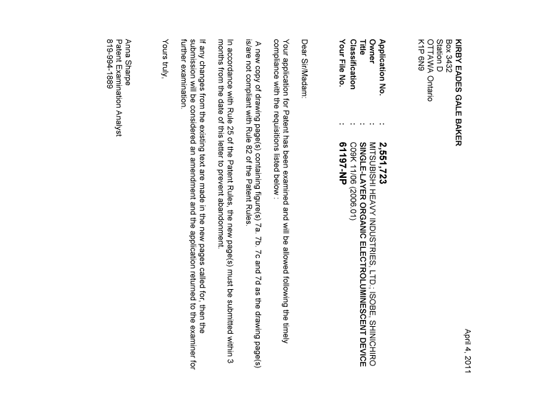 Document de brevet canadien 2551723. Correspondance 20110404. Image 1 de 1