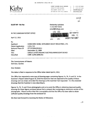 Document de brevet canadien 2551723. Correspondance 20110412. Image 1 de 2