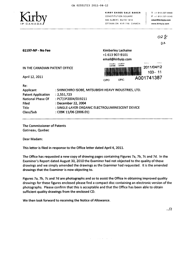 Canadian Patent Document 2551723. Correspondence 20110412. Image 1 of 2