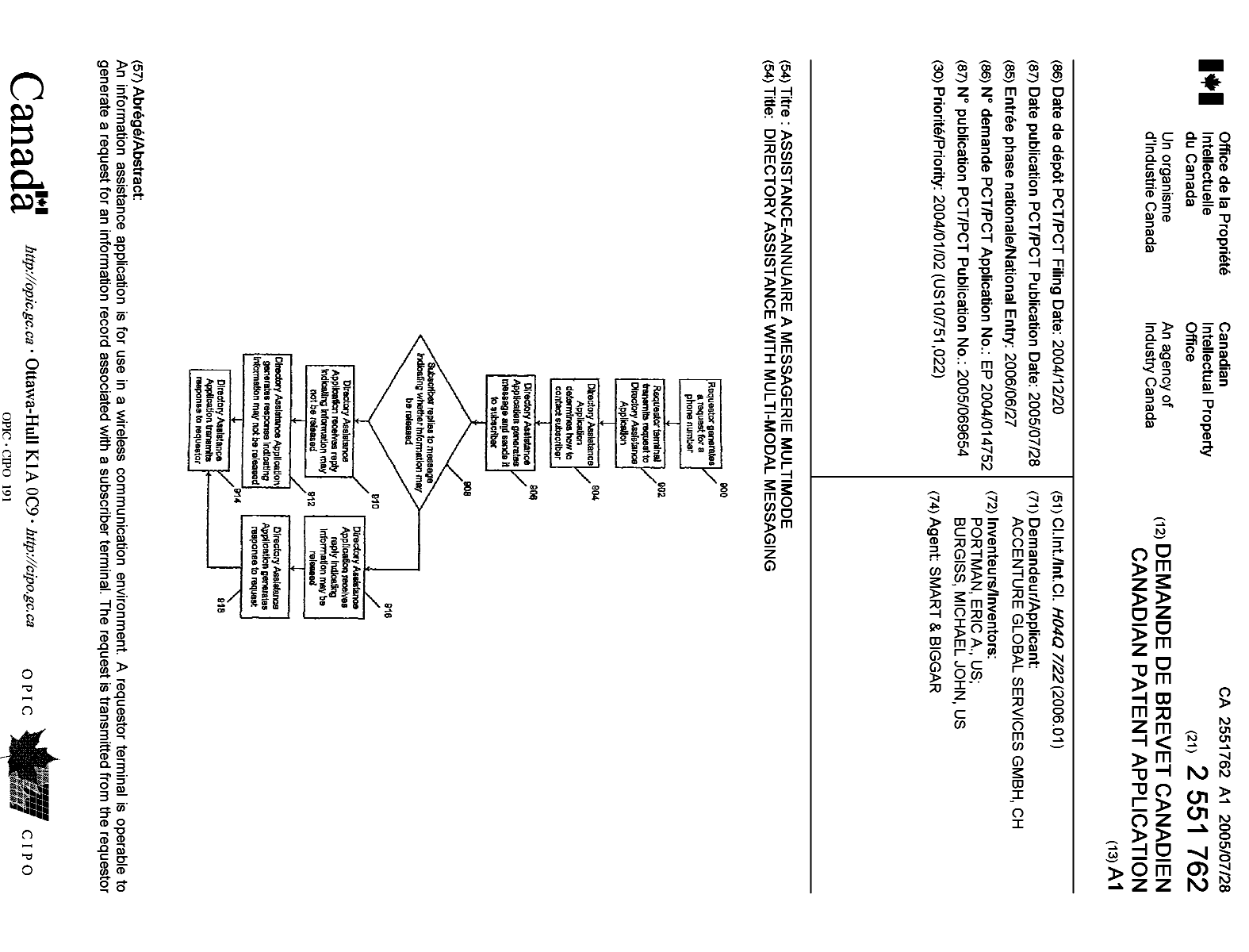 Canadian Patent Document 2551762. Cover Page 20060907. Image 1 of 2