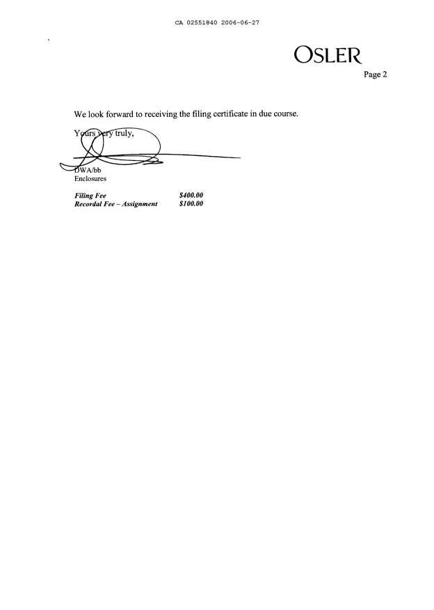 Document de brevet canadien 2551840. Cession 20060627. Image 2 de 7