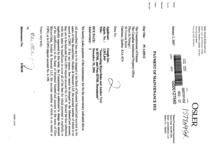 Document de brevet canadien 2551840. Taxes 20070102. Image 1 de 1