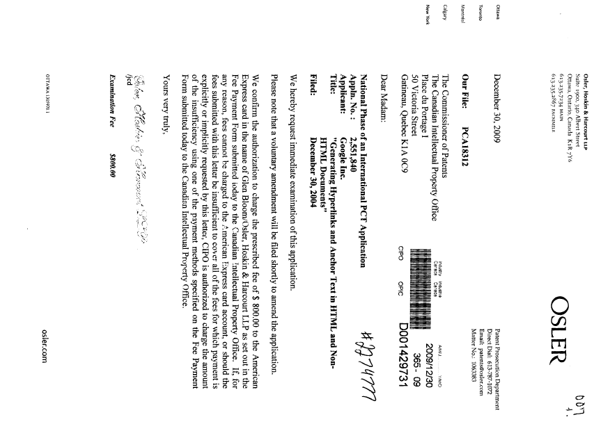 Document de brevet canadien 2551840. Poursuite-Amendment 20091230. Image 1 de 1